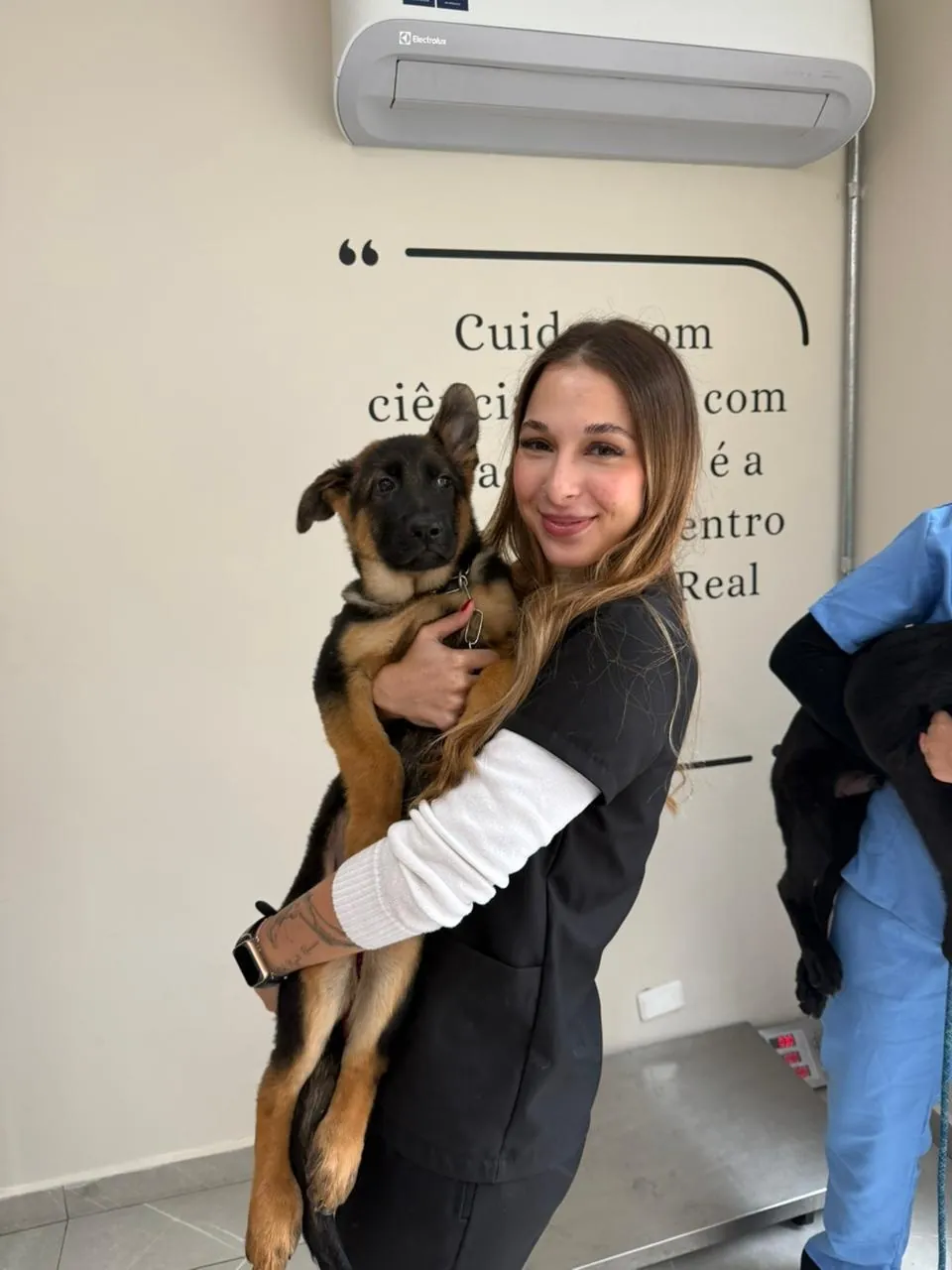 Veterinária com um filhote de pastor-alemão no colo
